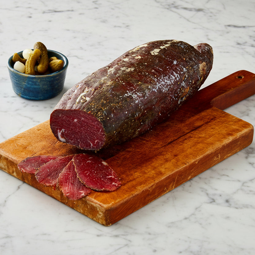 Wagyu British Beef whole bresaola with dark cured exterior and rich maroon interior, garnished with rosemary and mixed peppercorns