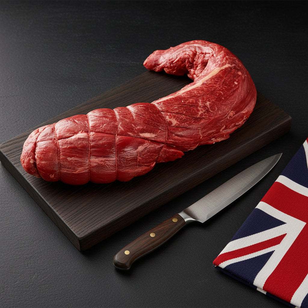 Wagyu British Beef whole fillet joint bright red with fine marbling on wooden chopping board with knife and British flag napkin