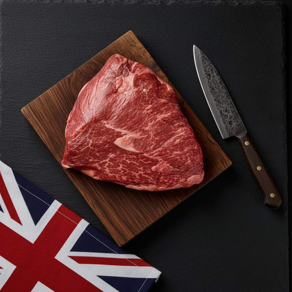 Raw Wagyu British Beef whole rump cap picanha with rich marbling on wooden board beside dark-handled chef knife and folded Union Jack cloth