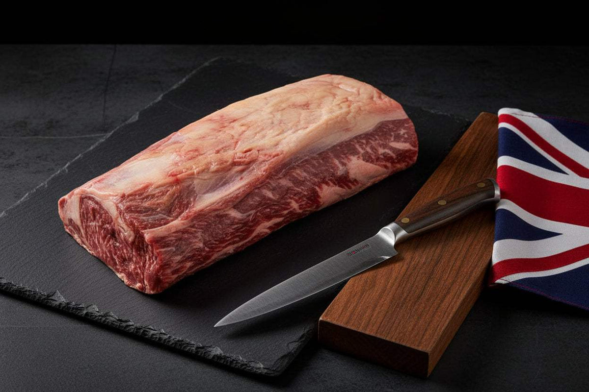 Wagyu British Beef whole striploin with visible marbling and fat cap, placed on a black slate with a knife and wooden board