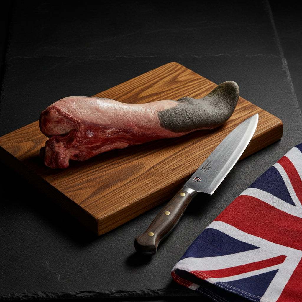 Wagyu British Beef whole tongue with skin on, raw pink and dark grey textures on wooden board with knife and UK flag