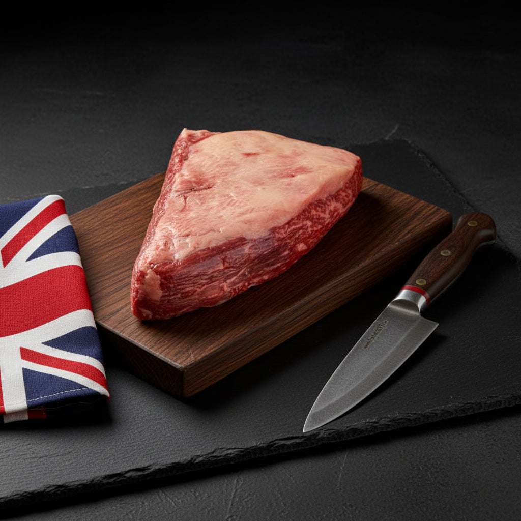 Wagyu British Whole Beef tri tip cut with high marbling on a wooden board next to a carving knife and British flag cloth