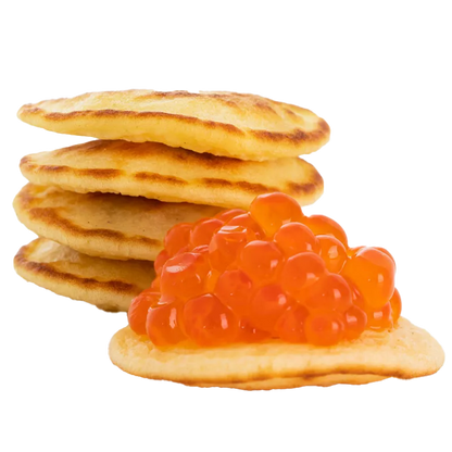 Wild salmon roe caviar served with mini blinis